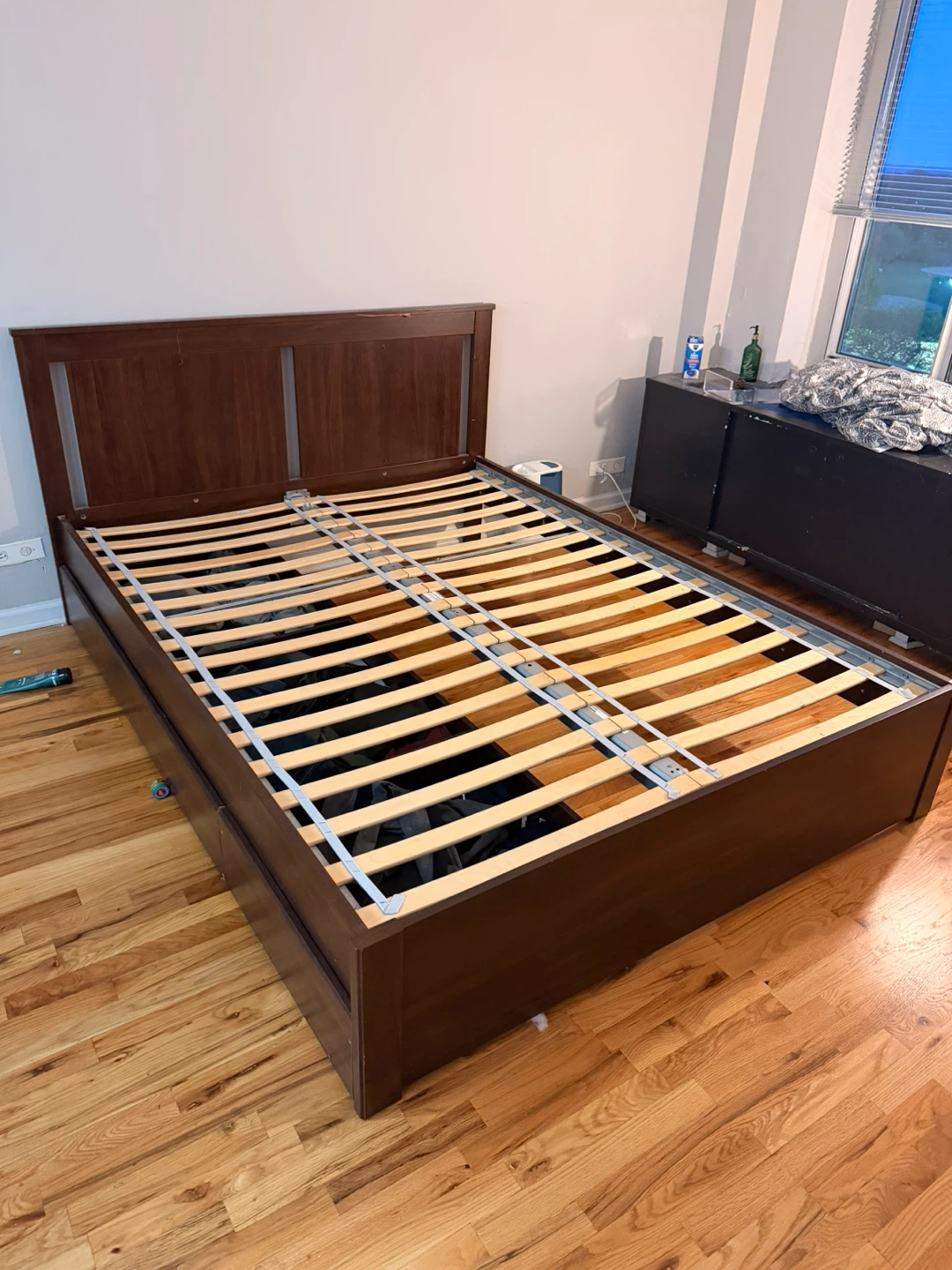 Wooden Platform Bed Frame with Drawers - Dark Brown