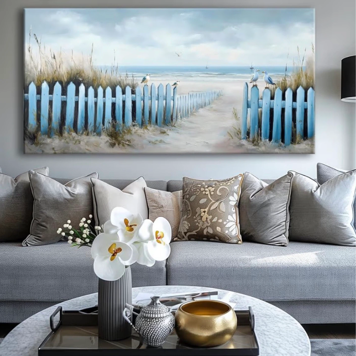 Seaside painting with blue fence and seagulls