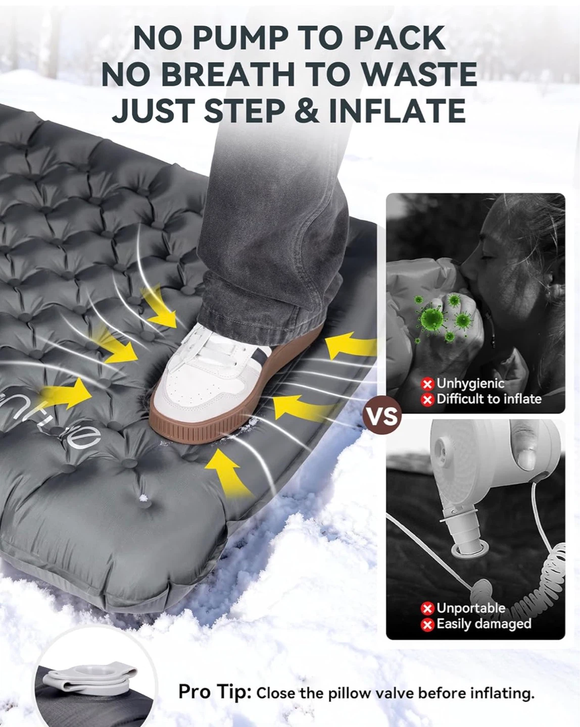 Grey Inflatable Sleeping Pad with Built-in Foot Pump - photo 4