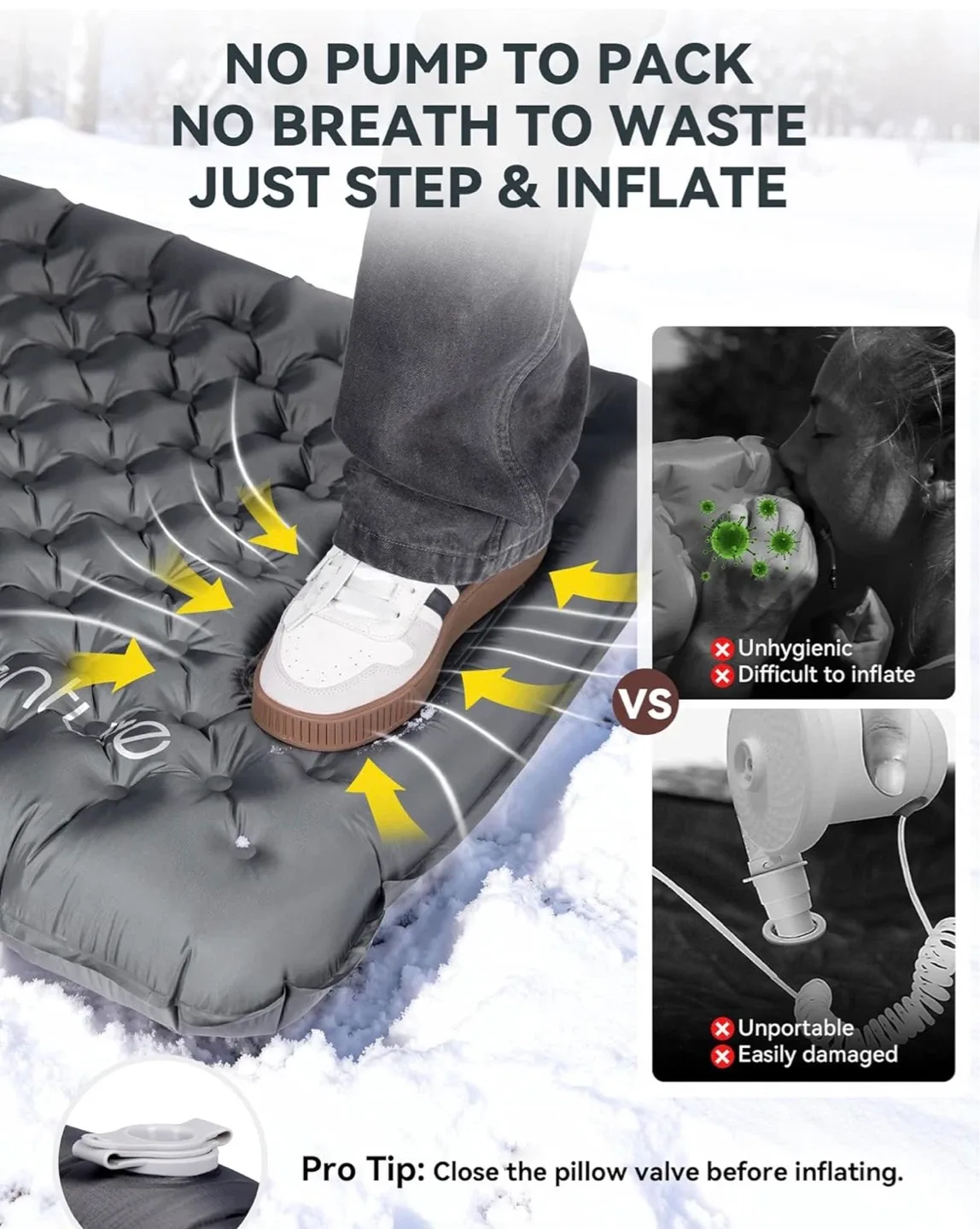 Grey Inflatable Sleeping Pad with Built-in Foot Pump - photo 4