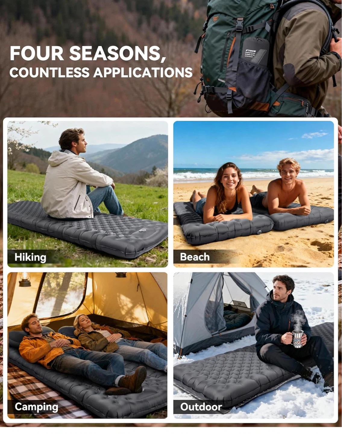 Grey Inflatable Sleeping Pad with Built-in Foot Pump