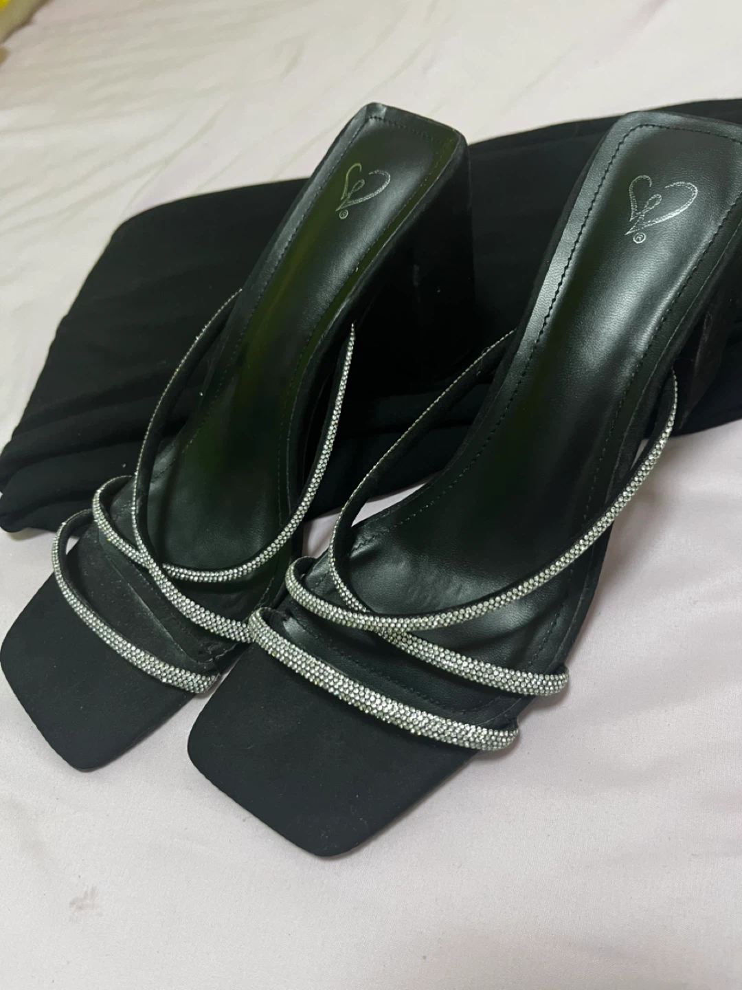 Women's Black Toe Block Heel Sandals with Rhinestone Straps - photo 3
