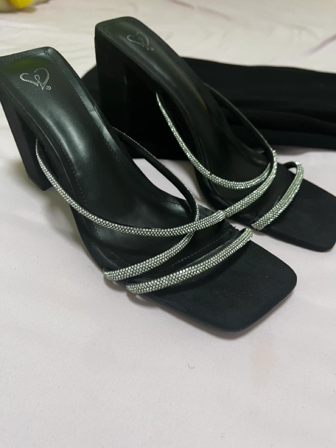 Women's Black Toe Block Heel Sandals with Rhinestone Straps