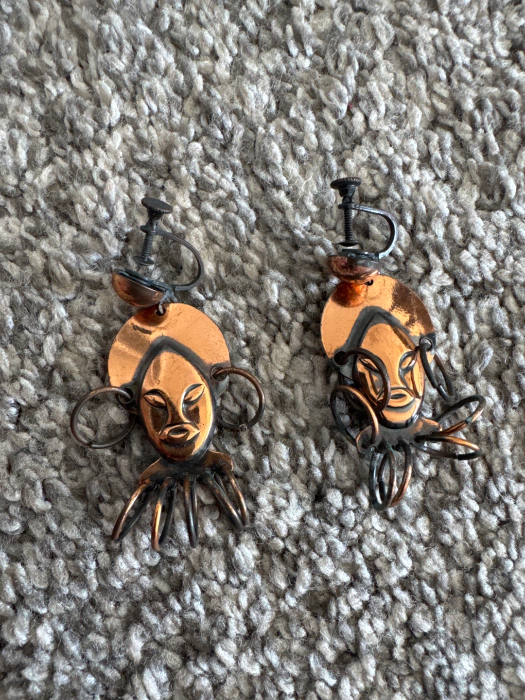 Copper Tribal Face Clip-On Earrings