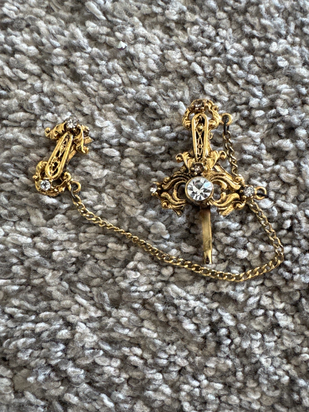 Vintage Gold Tone Sword Brooch with Crystals