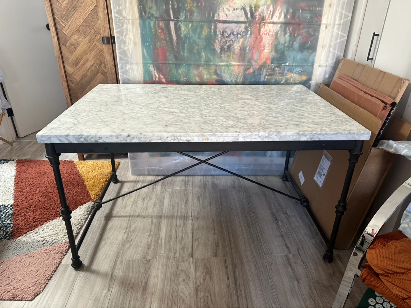 Pottery Barn Marble Top Dining Table with Black Metal Base