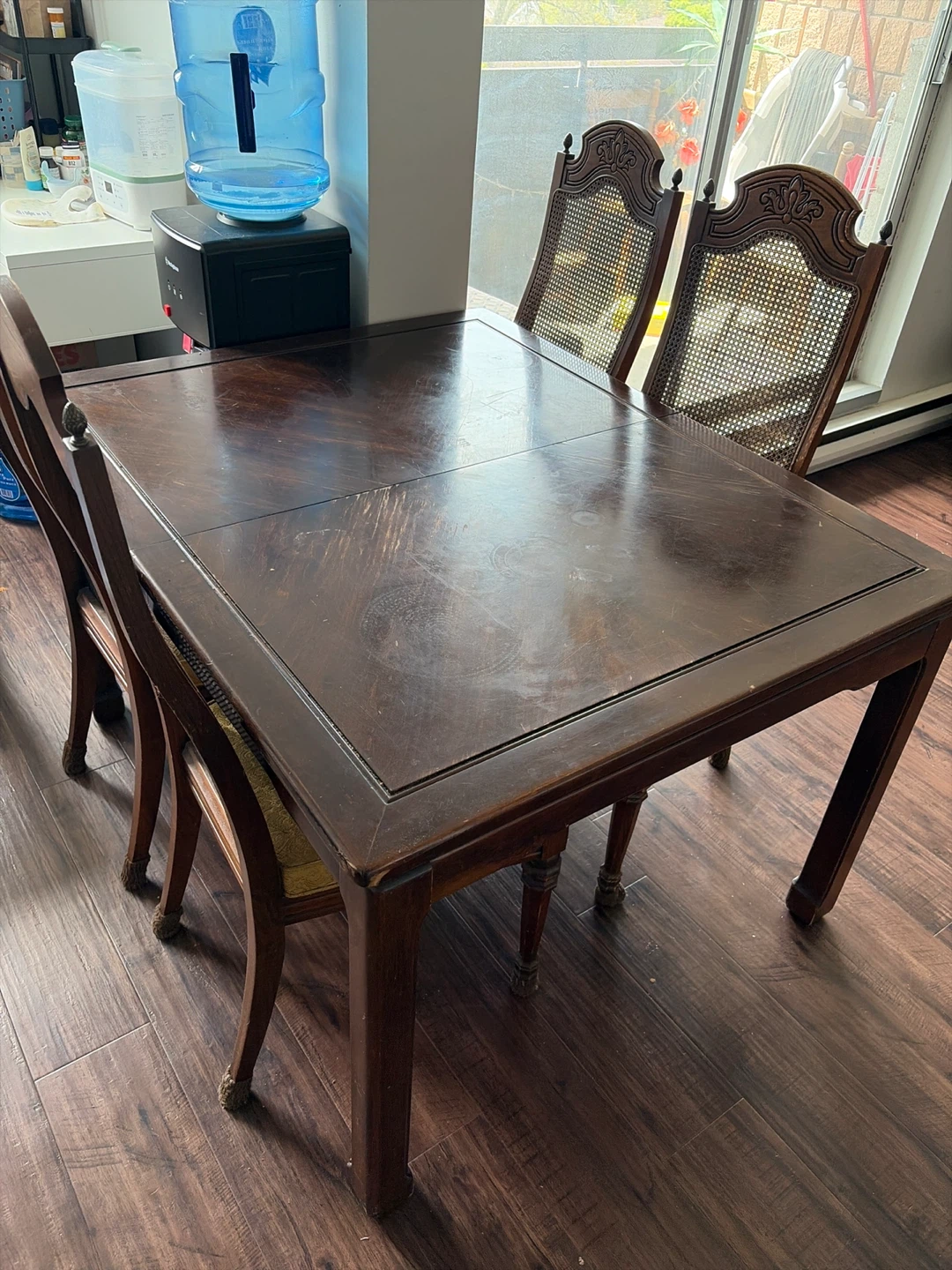 Dark Wood Dining Table with 6 Cane Chairs