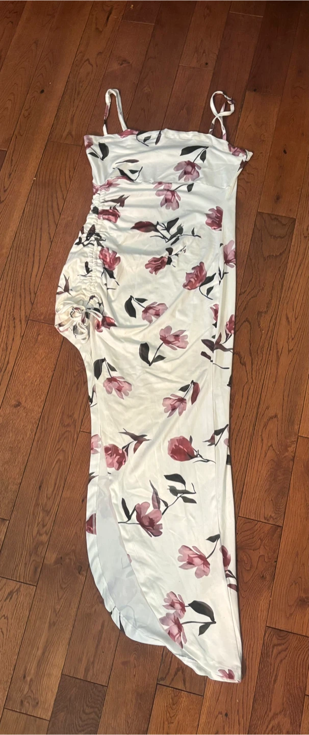 White Floral Print Ruched Maxi Dress