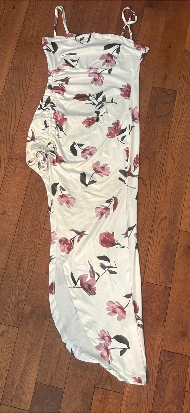 White Floral Print Ruched Maxi Dress - photo 2
