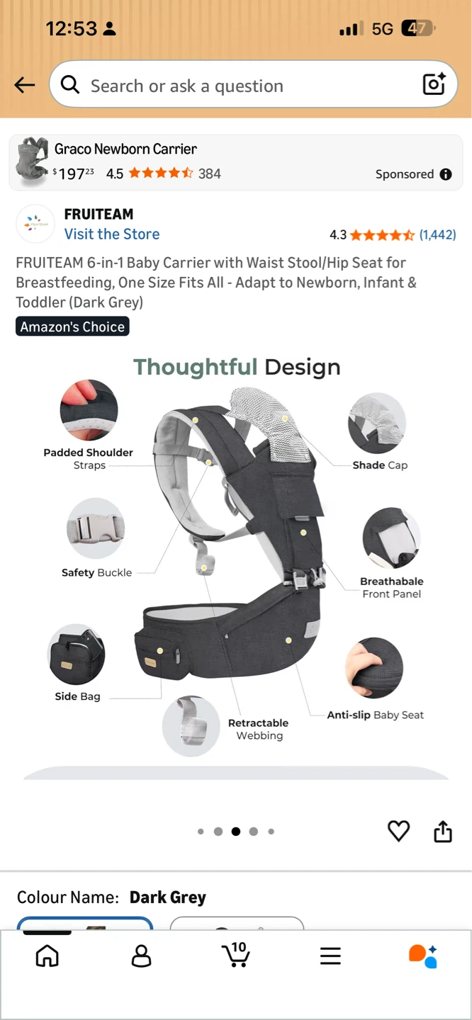 FRUITEAM 6-in-1 Baby Carrier with Waist Stool - Dark Grey - photo 3