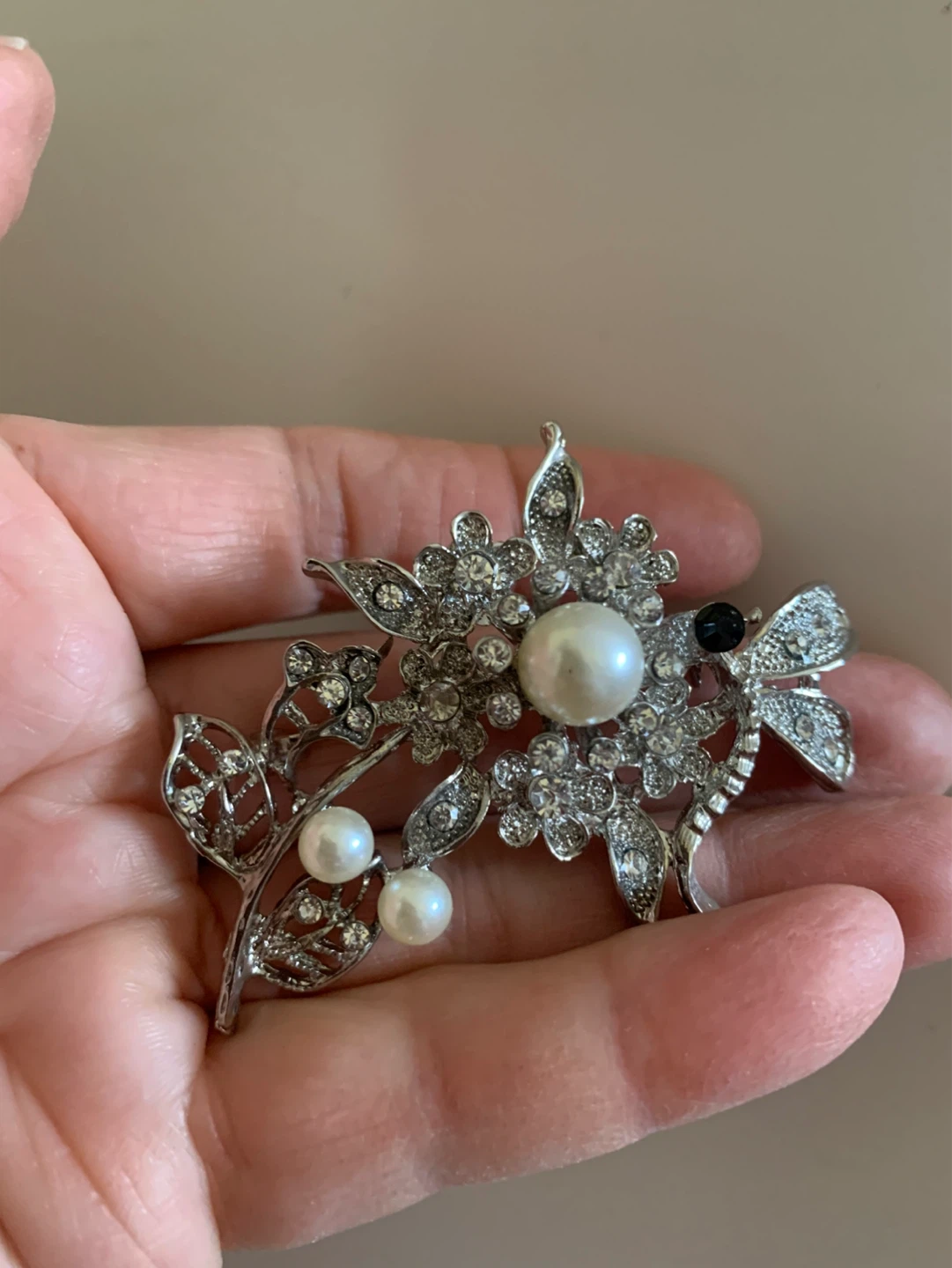 Silver Tone Brooch with Faux Pearls and Rhinestones