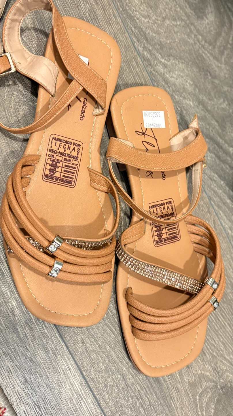 Women's Tan Strappy Sandals with Rhinestone Accent