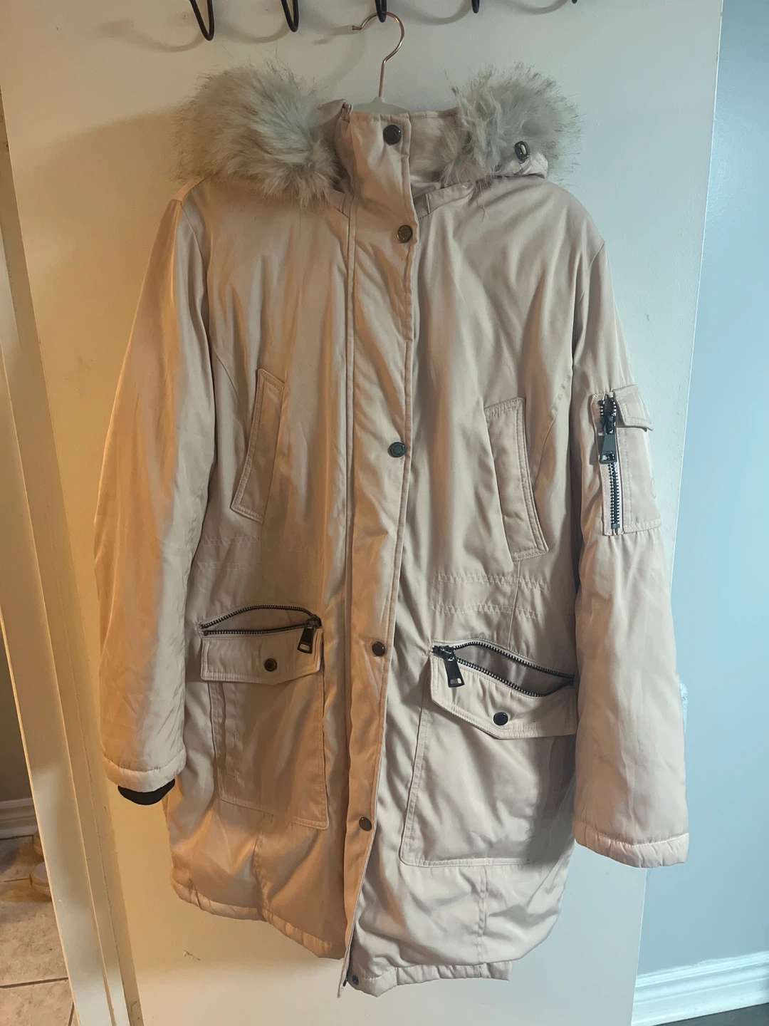 Calvin Klein Pink Parka with Faux Fur Hood