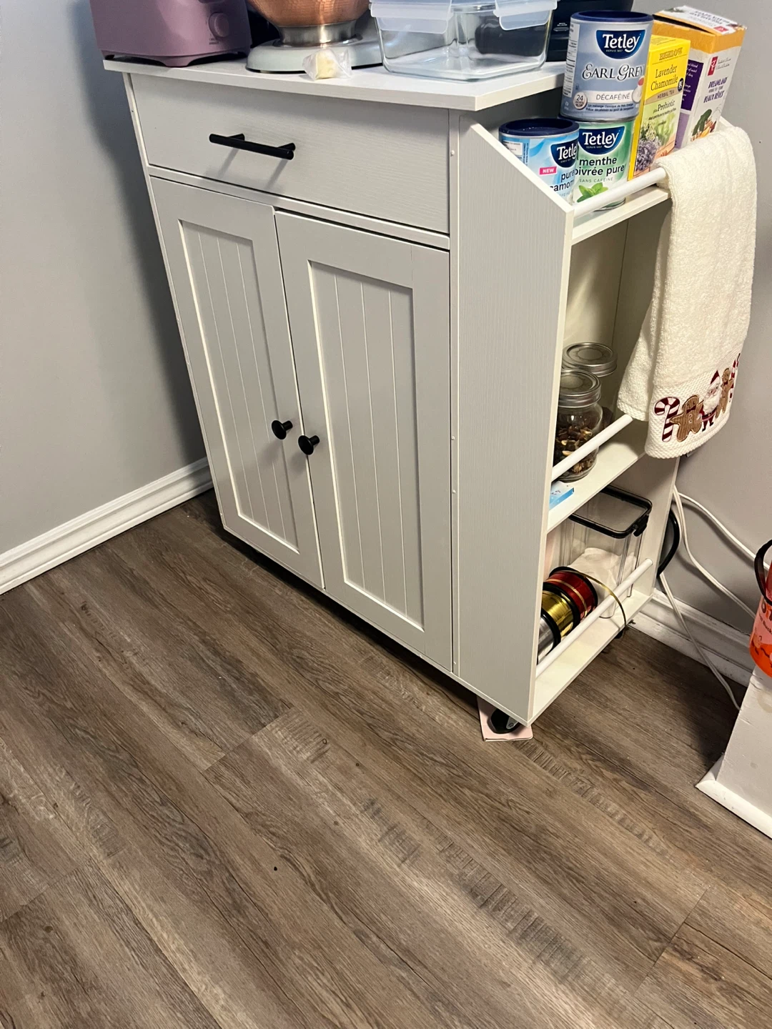 White Kitchen Cart with Drawer and Cabinets