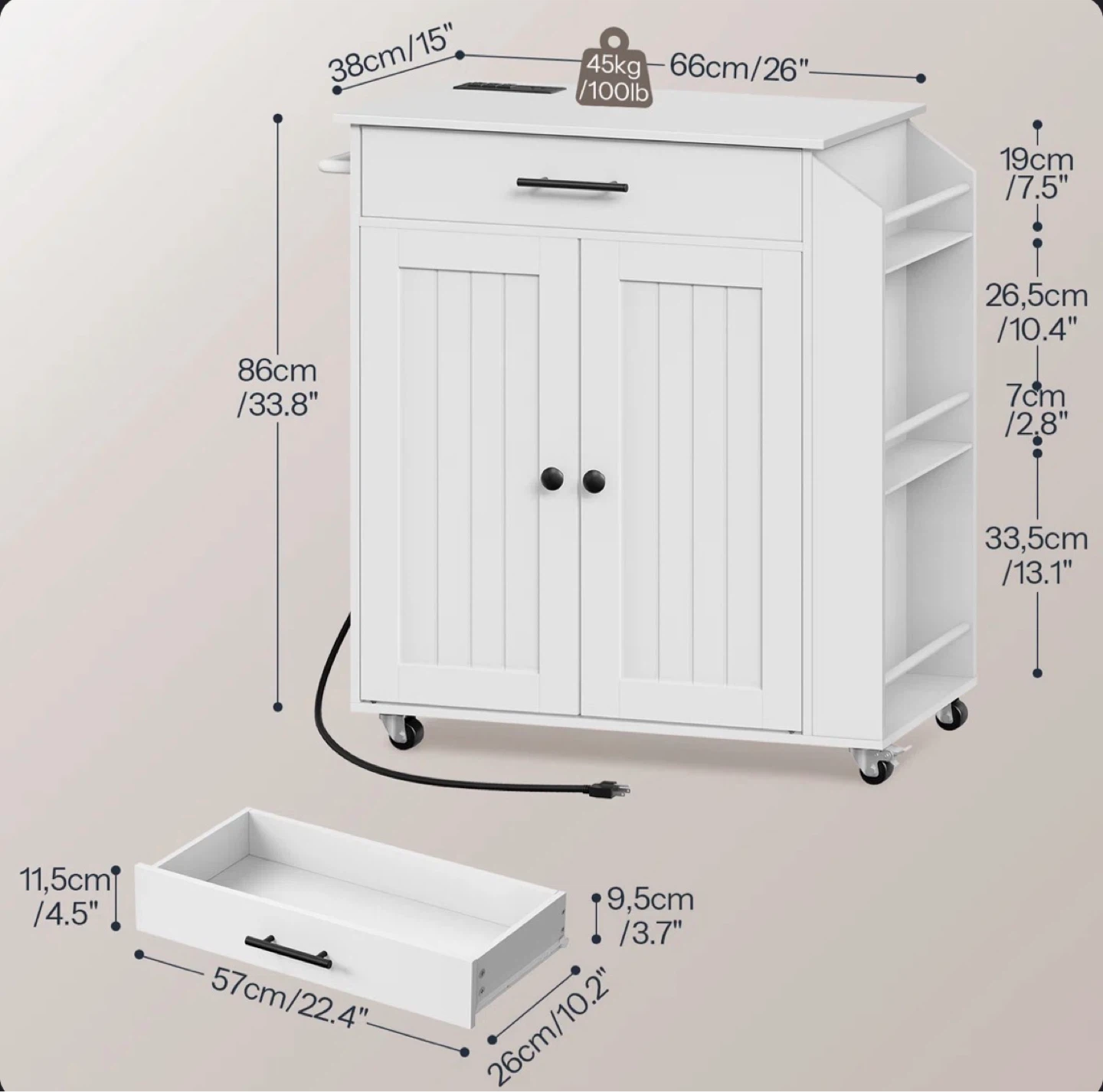 White Kitchen Cart with Drawer and Cabinets - photo 3
