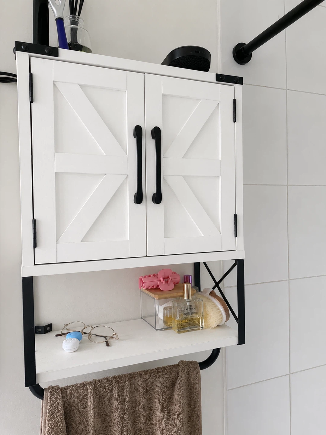 White Bathroom Wall Cabinet with Black Hardware