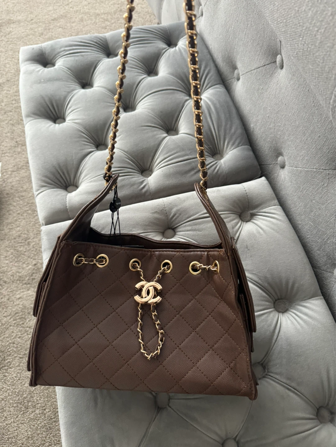 Cc Brown Quilted Leather Drawstring Handbag - photo 2