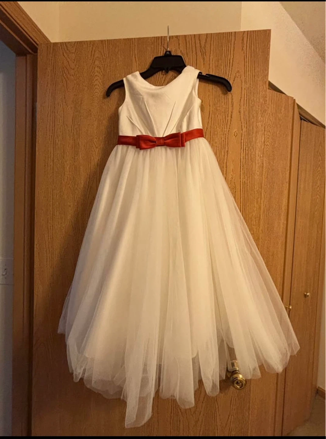 White Flower Girl Dress with Red Bow