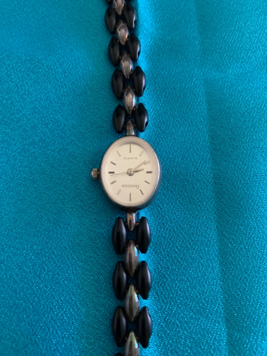 Femtron Quartz Watch with Black and Silver Beaded Band