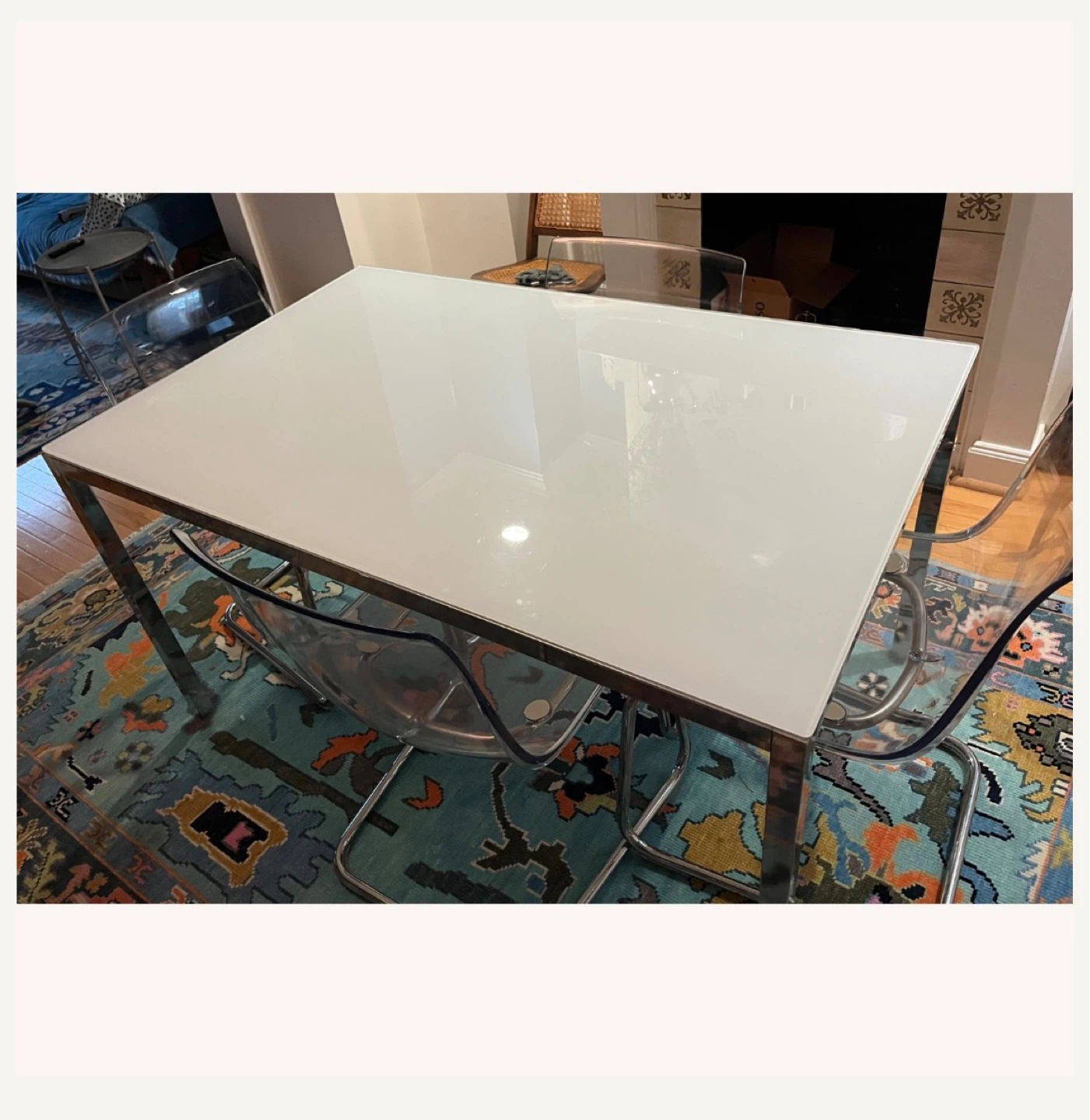 White Glass Top Dining Table with Chrome Frame