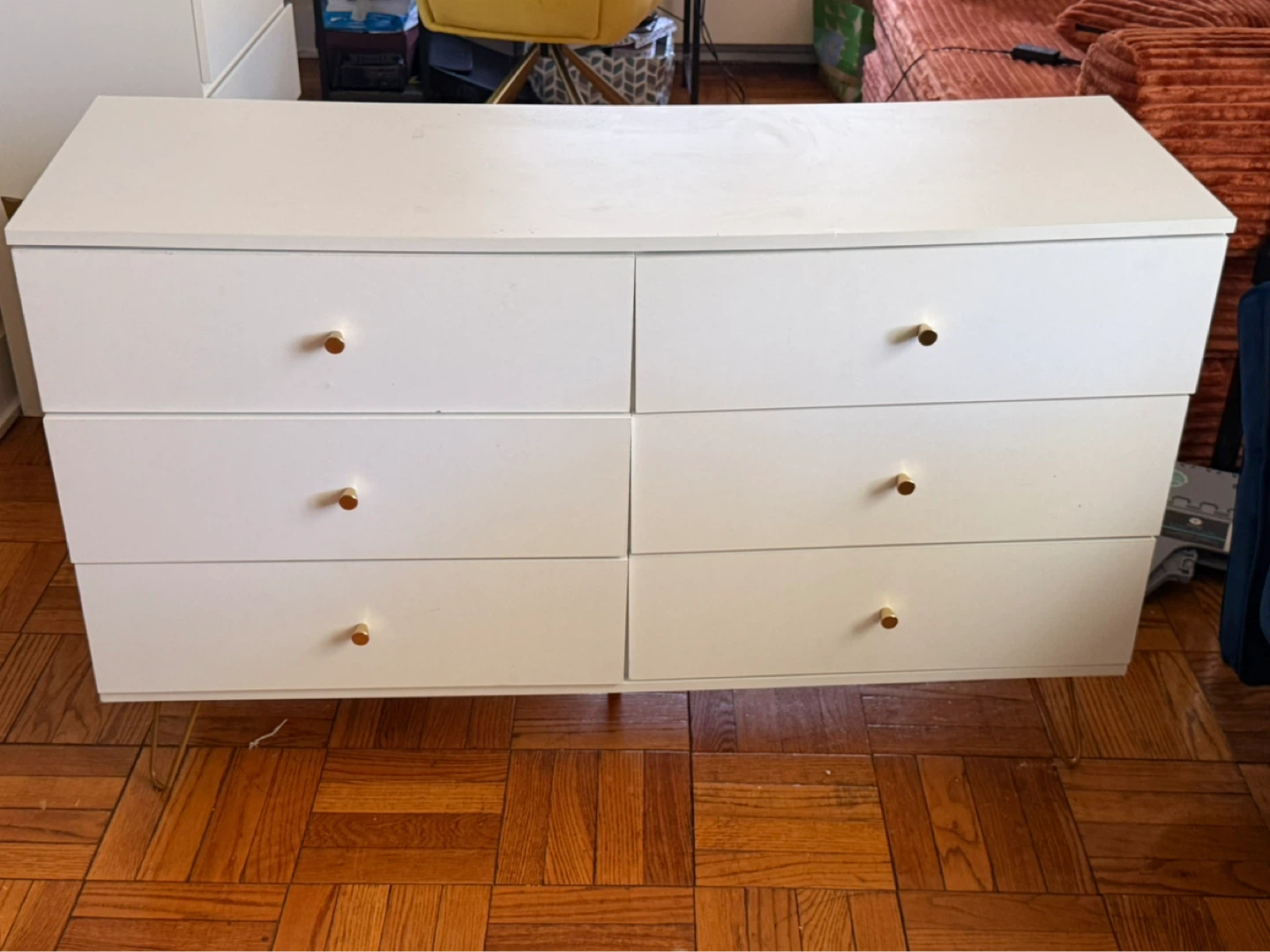 White 6-Drawer Dresser with Gold Legs