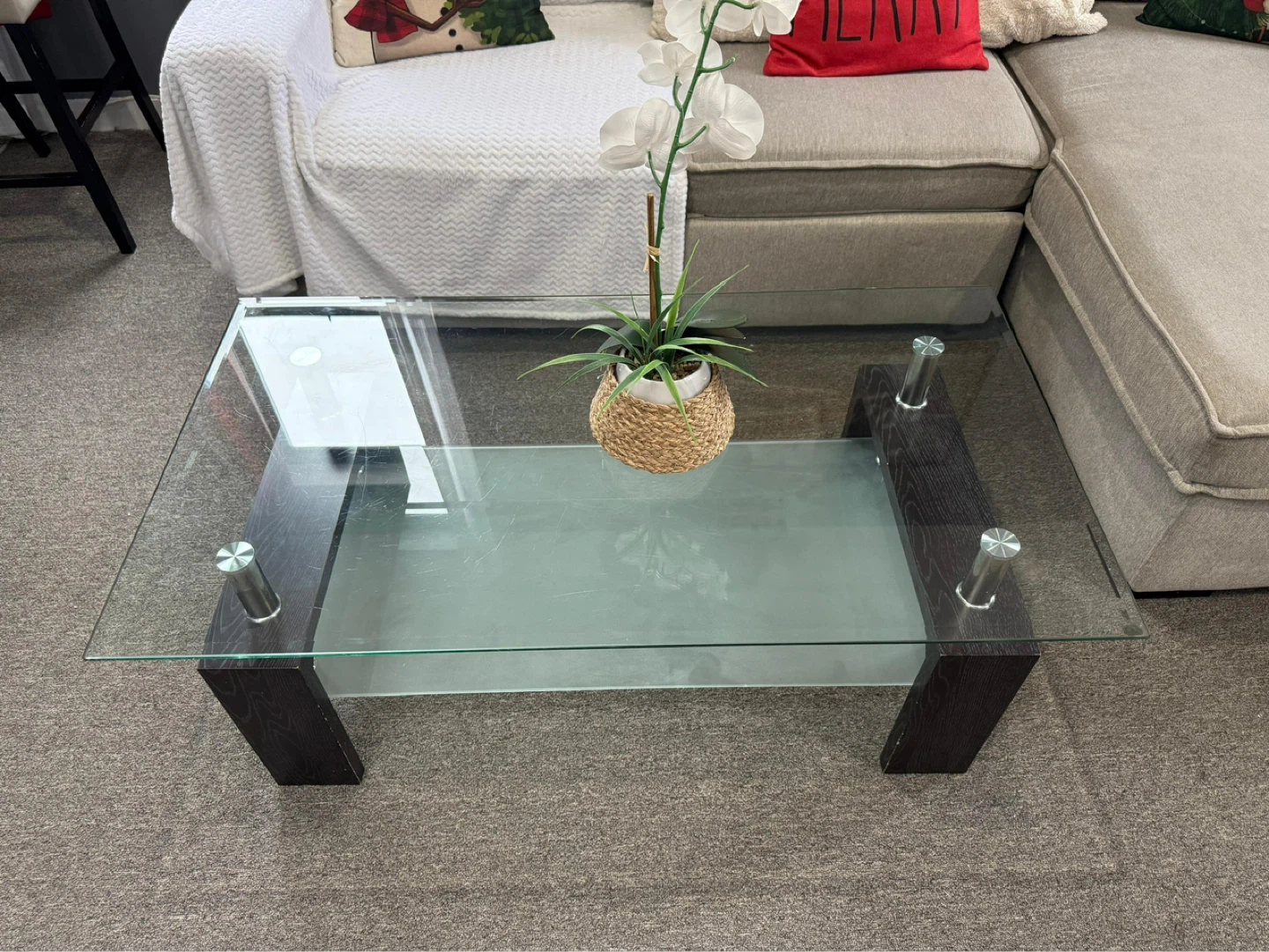 Modern Glass Coffee Table with Dark Wood Accents