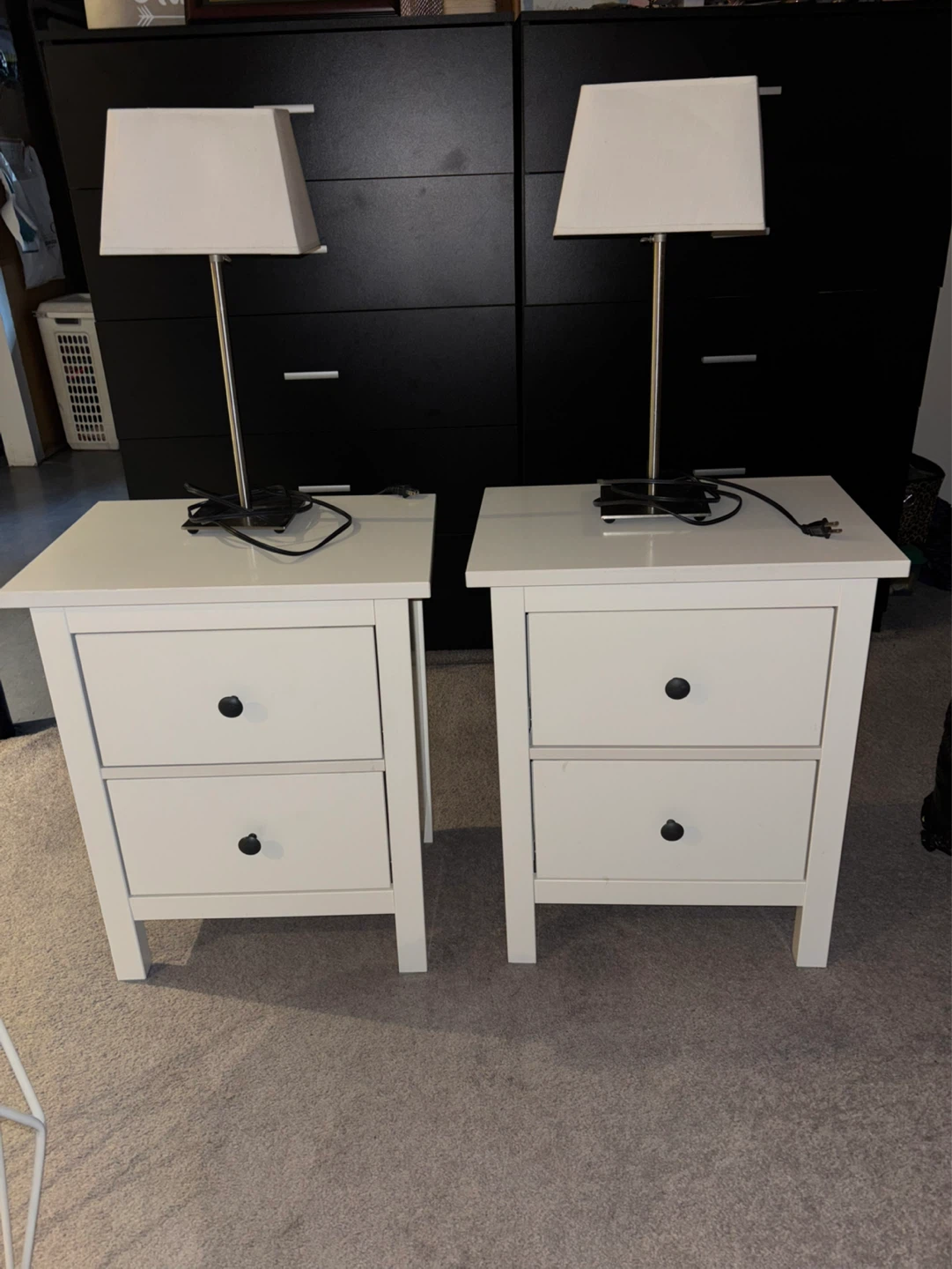 Pair of White 2-Drawer Nightstands with Lamps
