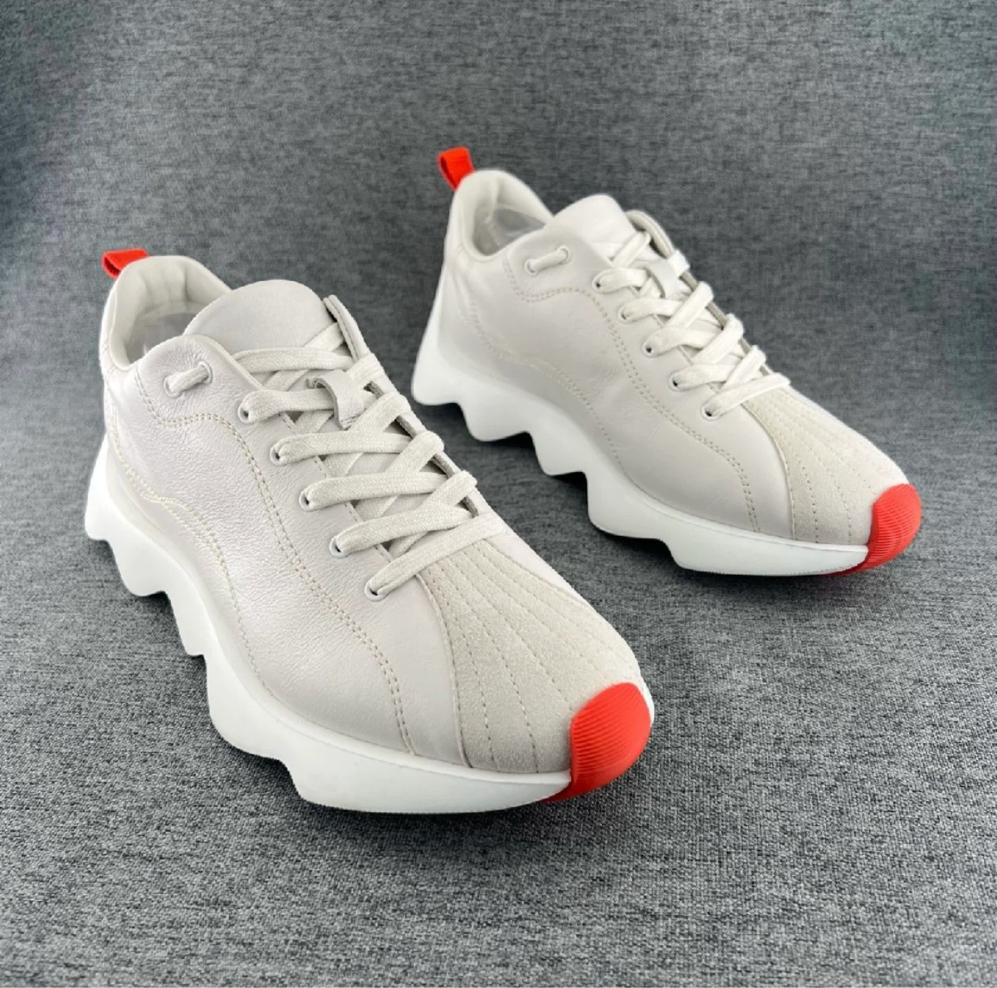 Authentic- Hermès White Leather Sneakers with Orange Accents - photo 3