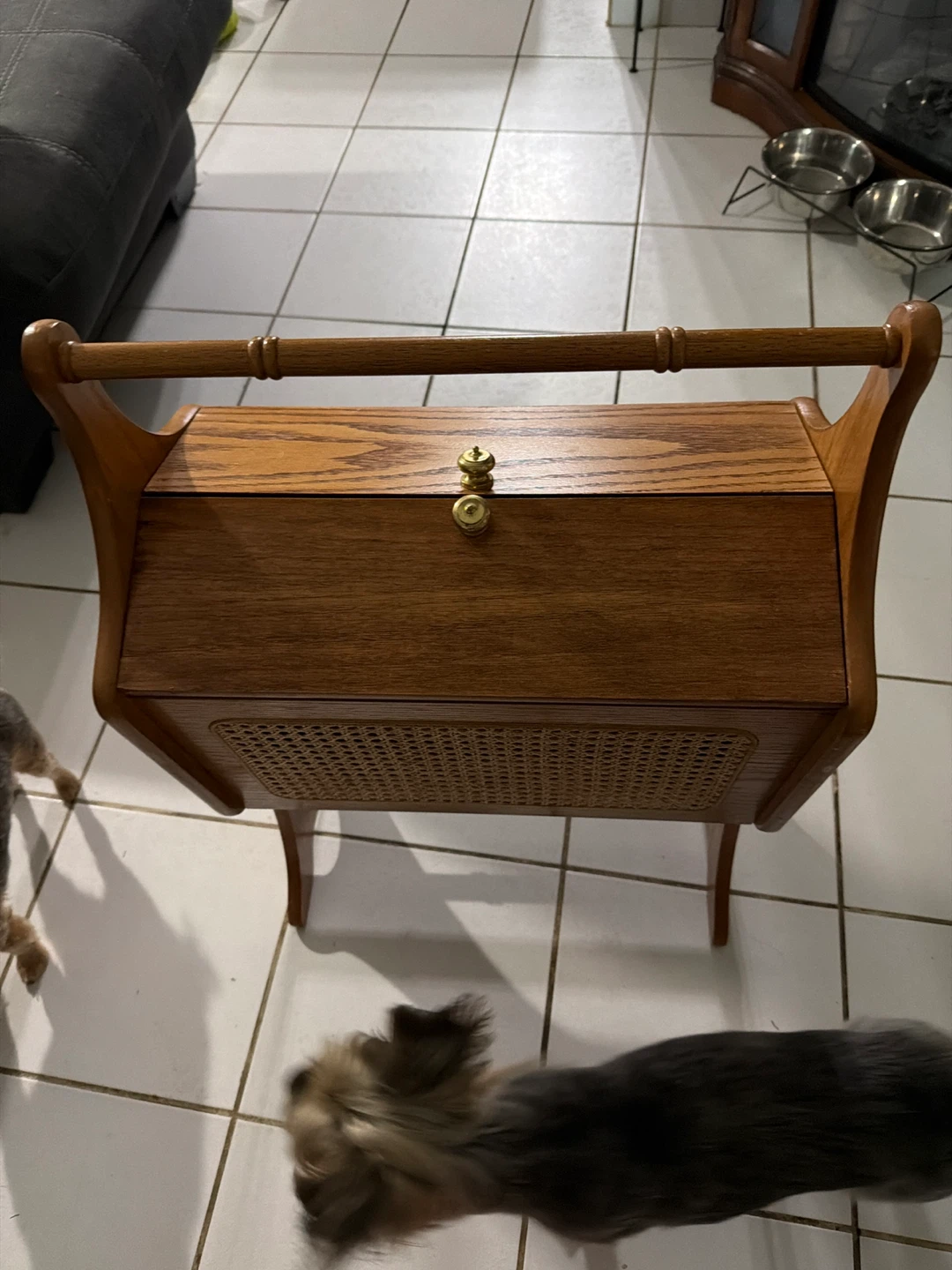 Vintage Wooden Magazine Rack with Cane Panel