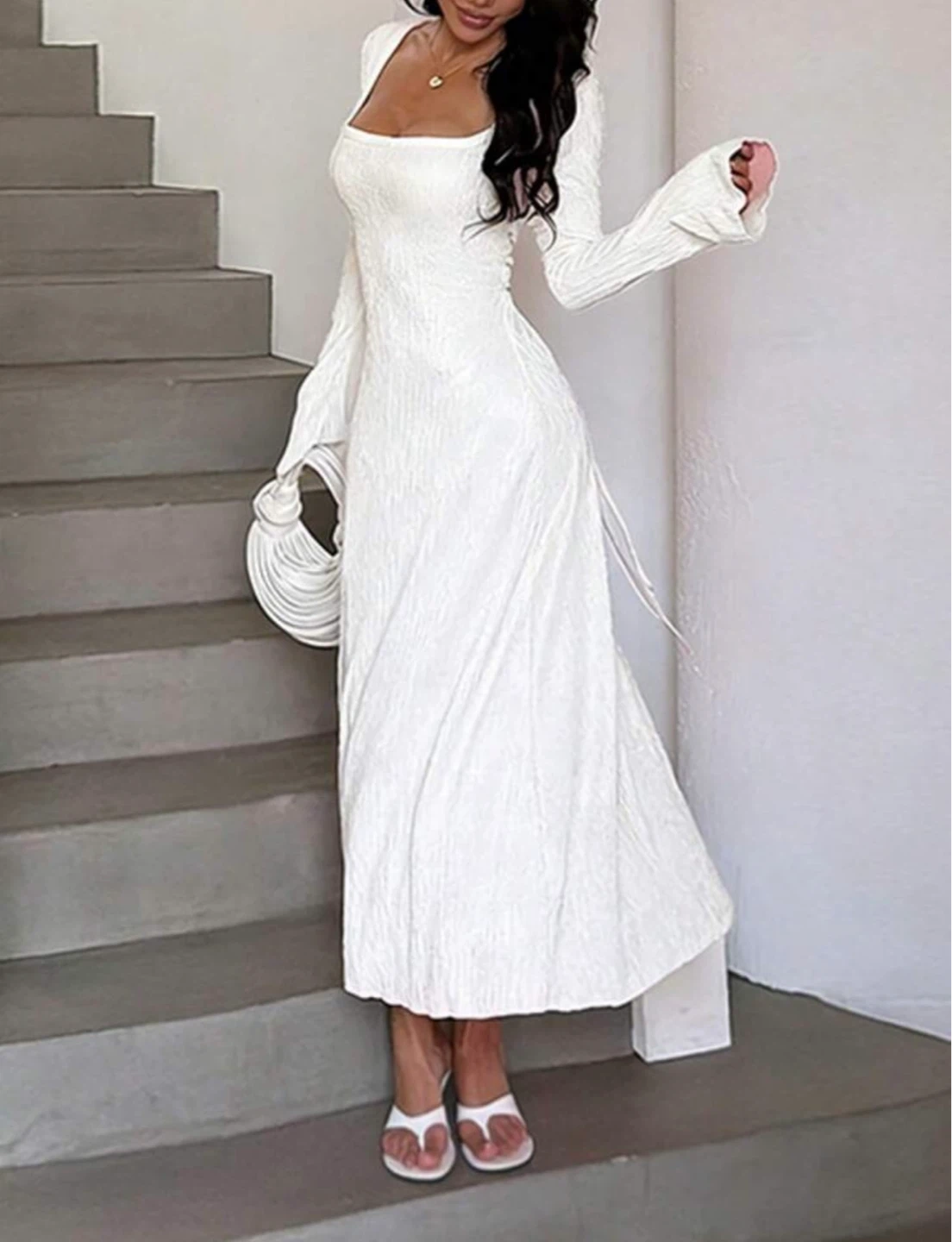 White Crinkle Textured Long Sleeve Dress - Lace-Up Back - photo 2