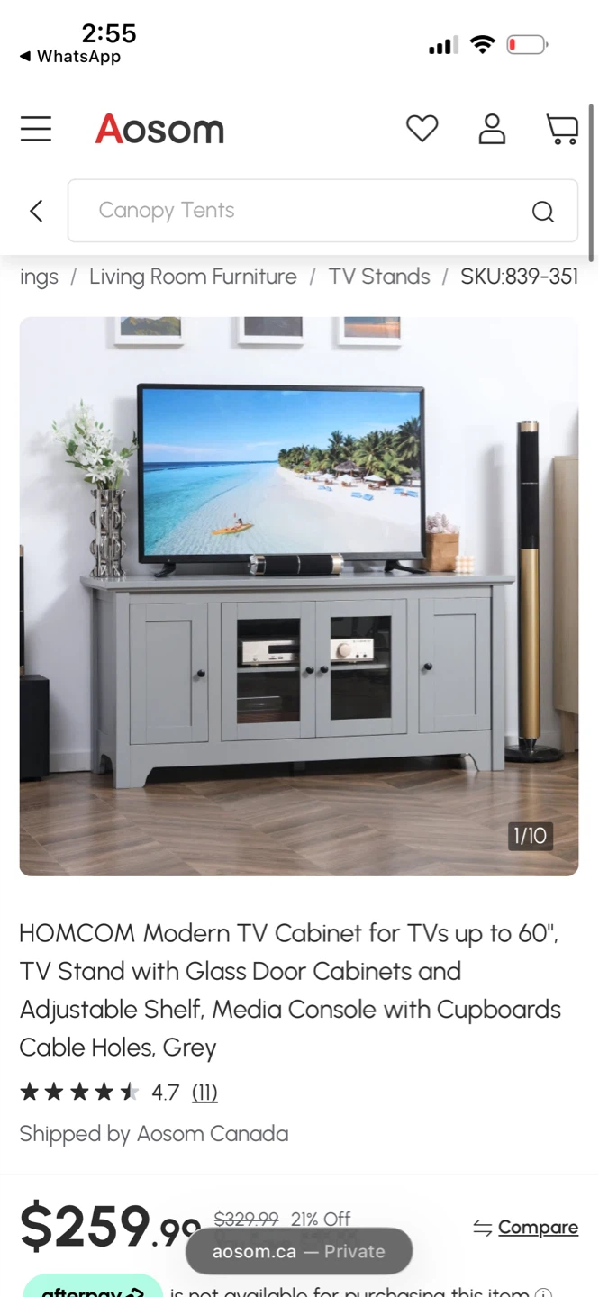 HOMCOM Modern Grey TV Stand with Glass Doors