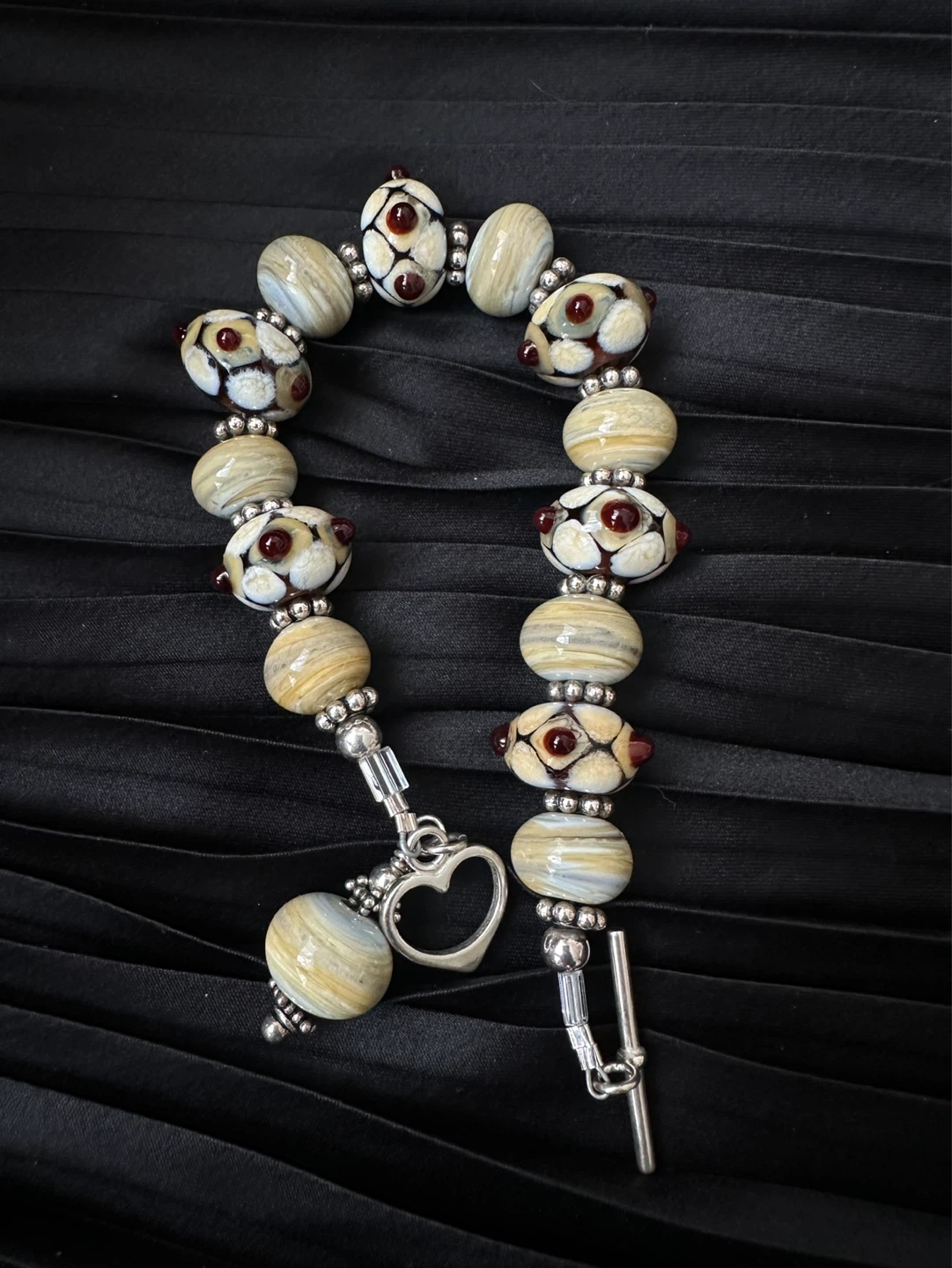 Glass Bead 925 Bracelet with Silver Heart Charm