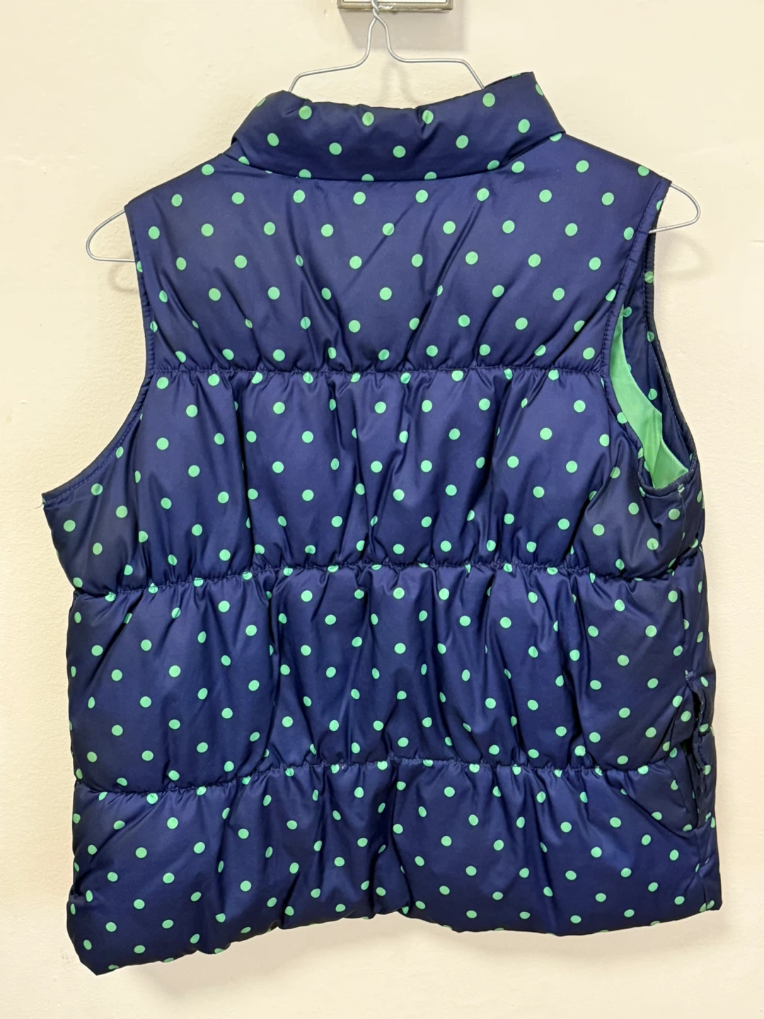 Old Navy Girls' Puffer Vest - Navy with Green Polka Dots - photo 2