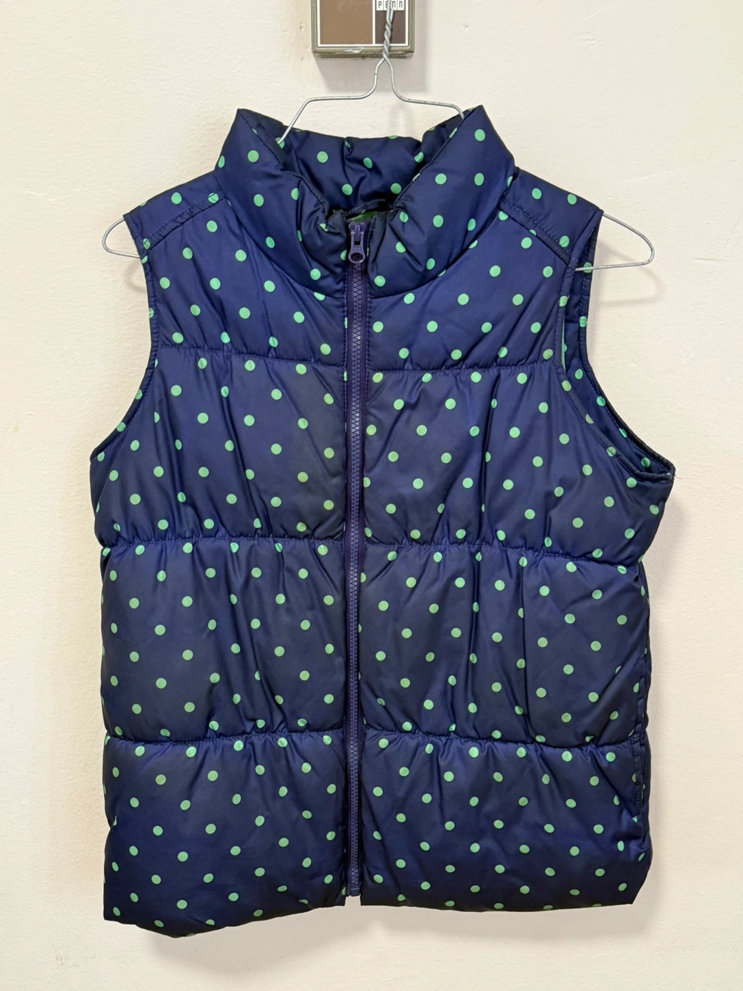Old Navy Girls' Puffer Vest - Navy with Green Polka Dots