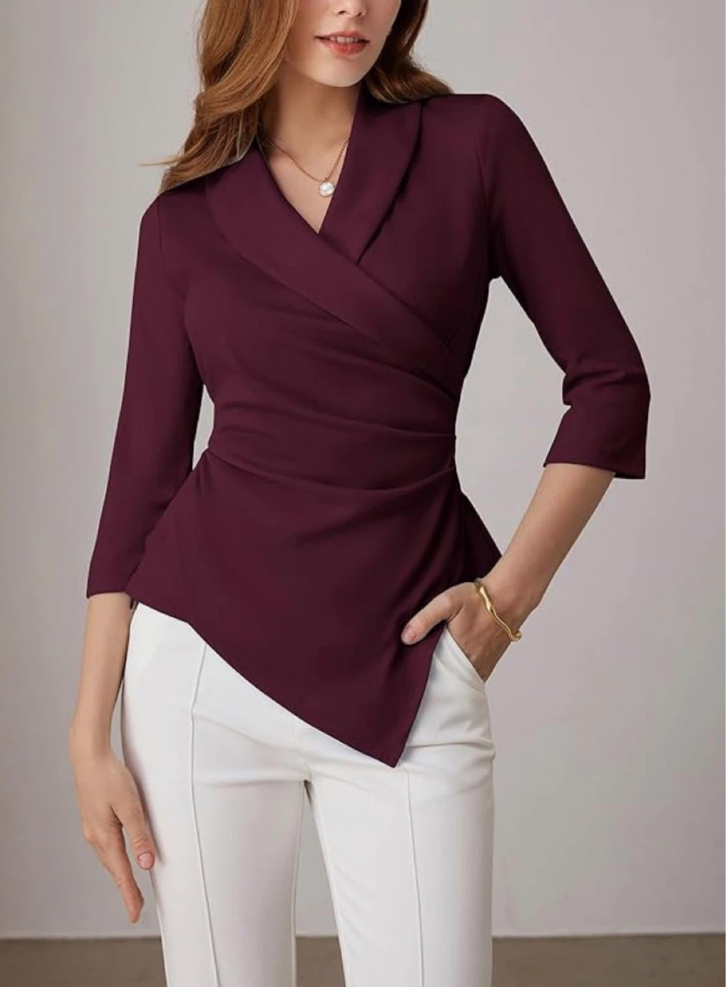 GRACE KARIN Women's Burgundy Asymmetrical Wrap Top L