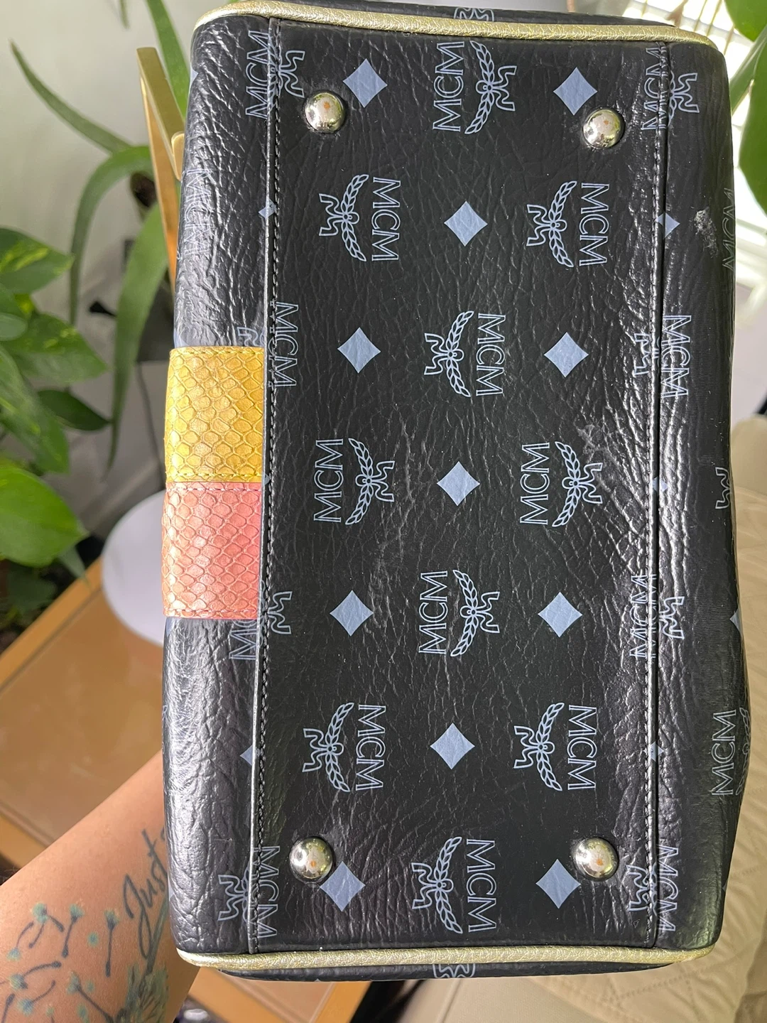 MCM Boston Bag Black Monogram with Lion Detail - photo 4