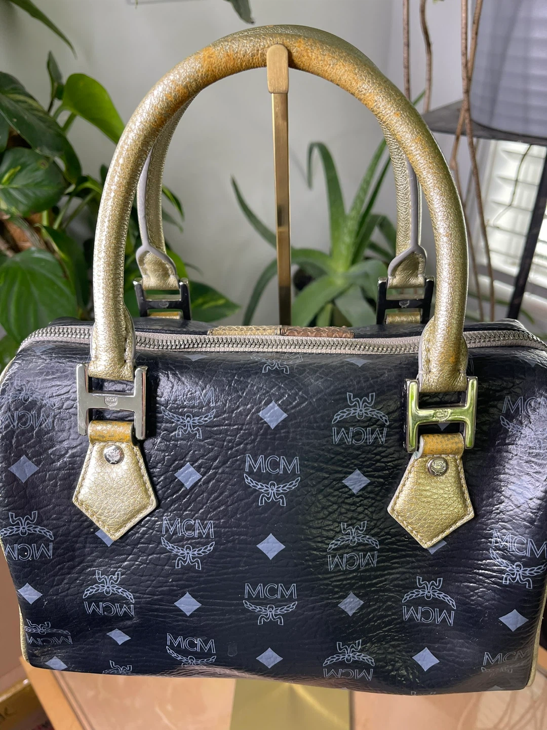 MCM Boston Bag Black Monogram with Lion Detail - photo 2