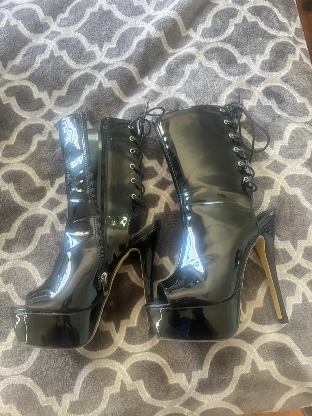 Black Patent Peep Toe Lace-Up Platform Ankle Boots