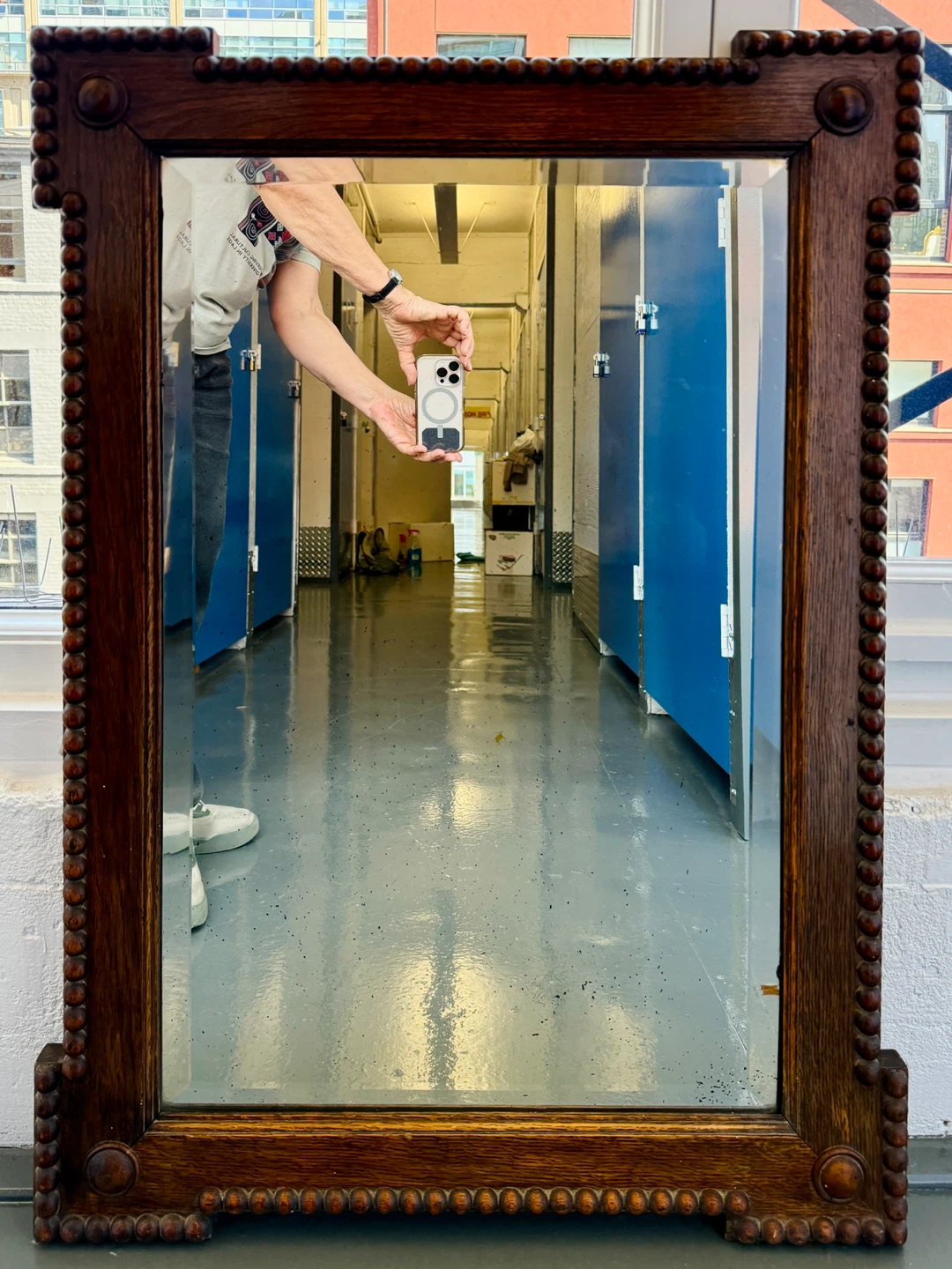 Large Antique Art Deco Oak Bevelled Mirror. H. 91.4cm