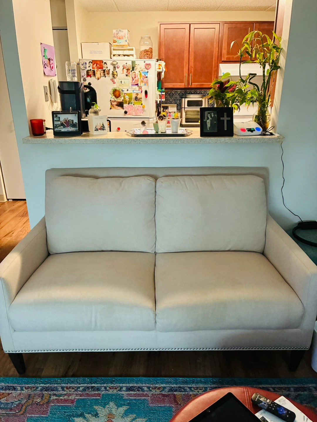 Light Beige Loveseat Sofa with Studded Trim - photo 2