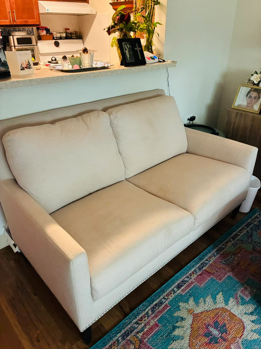 Light Beige Loveseat Sofa with Studded Trim