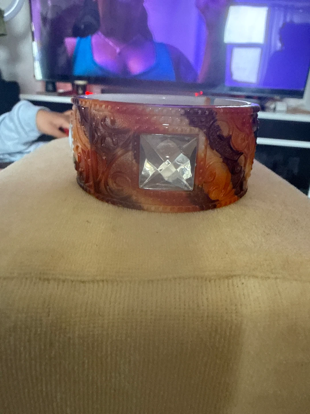Orange and Brown Glass Bangle with Clear Jewel