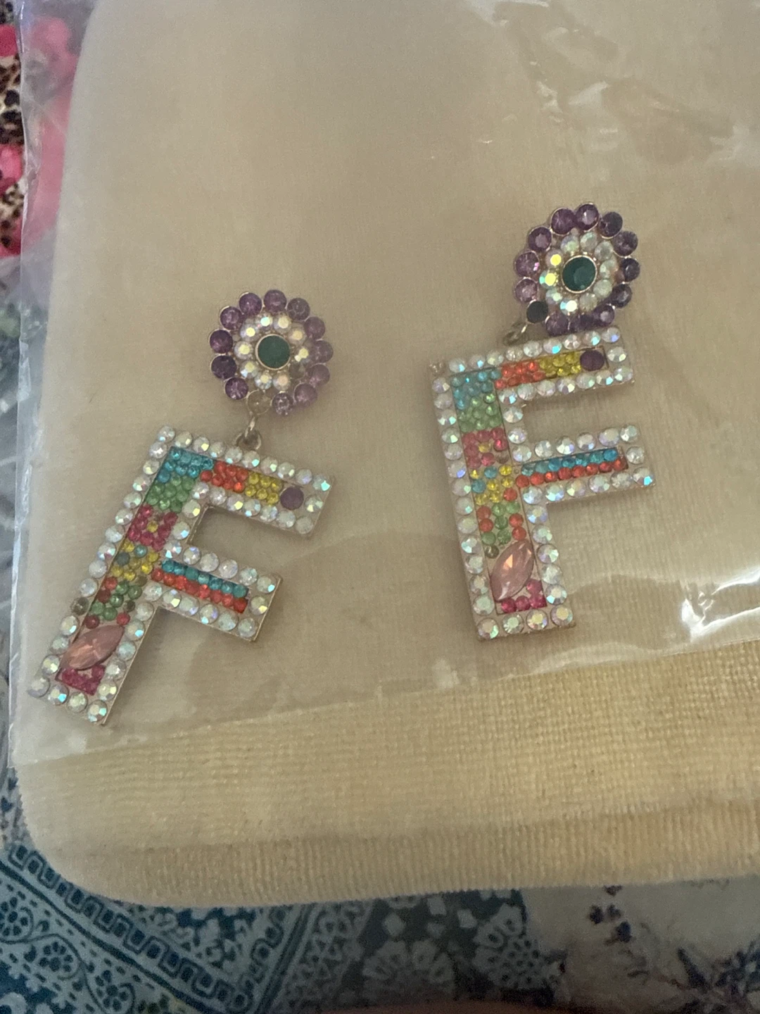 F Letter Rhinestone Dangle Earrings