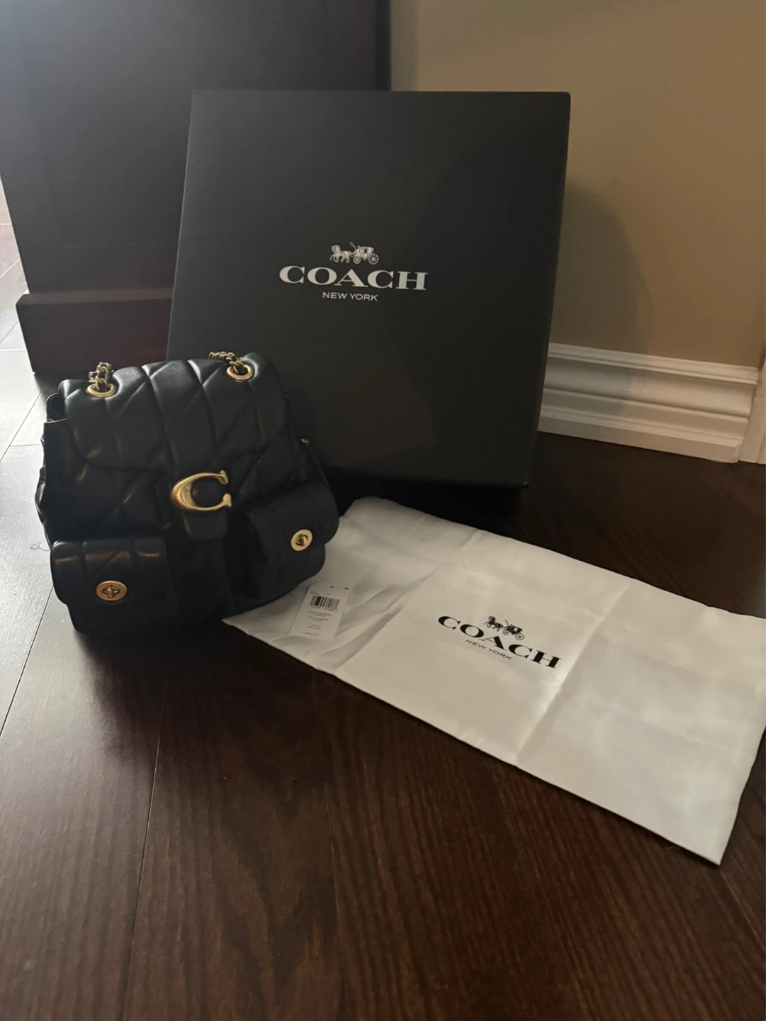 COACH Black Quilted Leather Backpack with Gold Hardware
