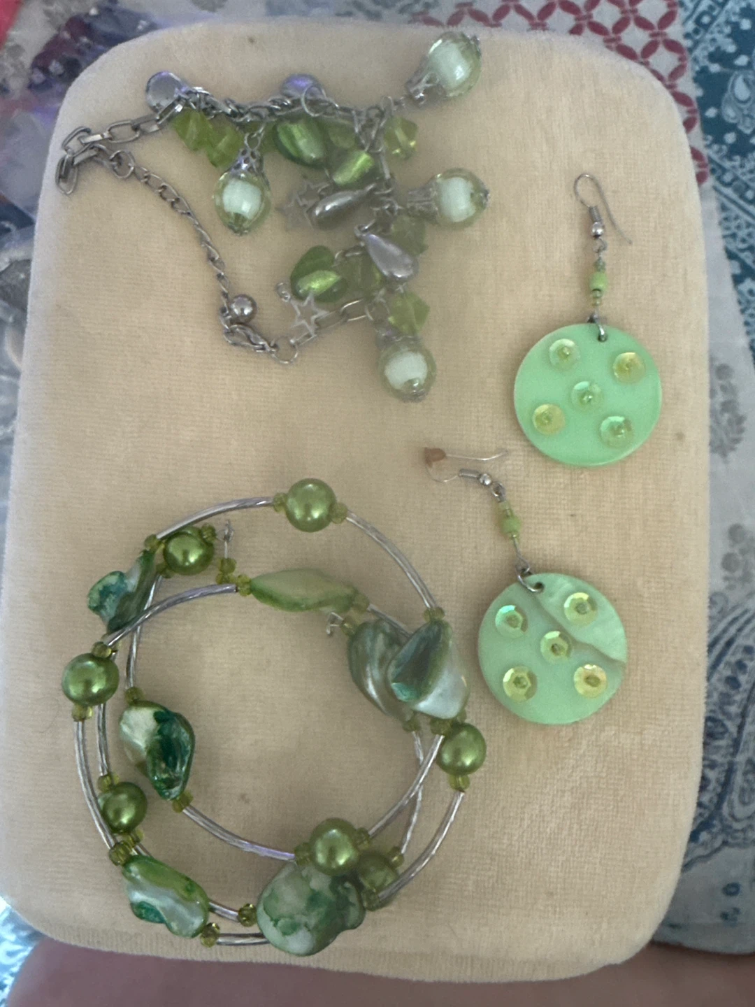 Green Beaded Necklace Bracelet and Earrings Set