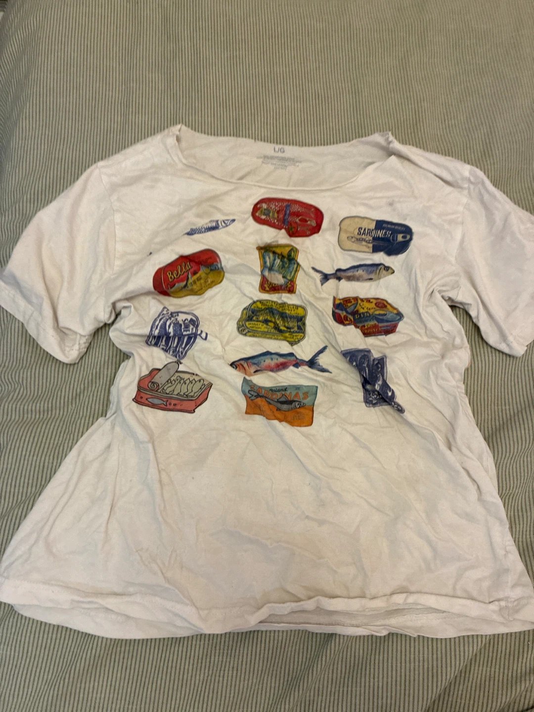 White T-Shirt with Canned Fish Graphic - Size L