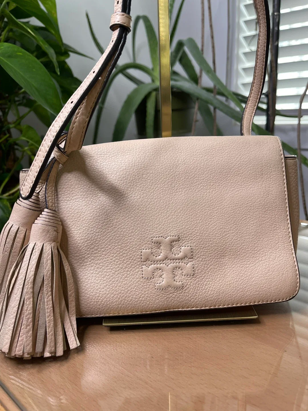 Tory Burch Beige Leather Tassel Shoulder Bag