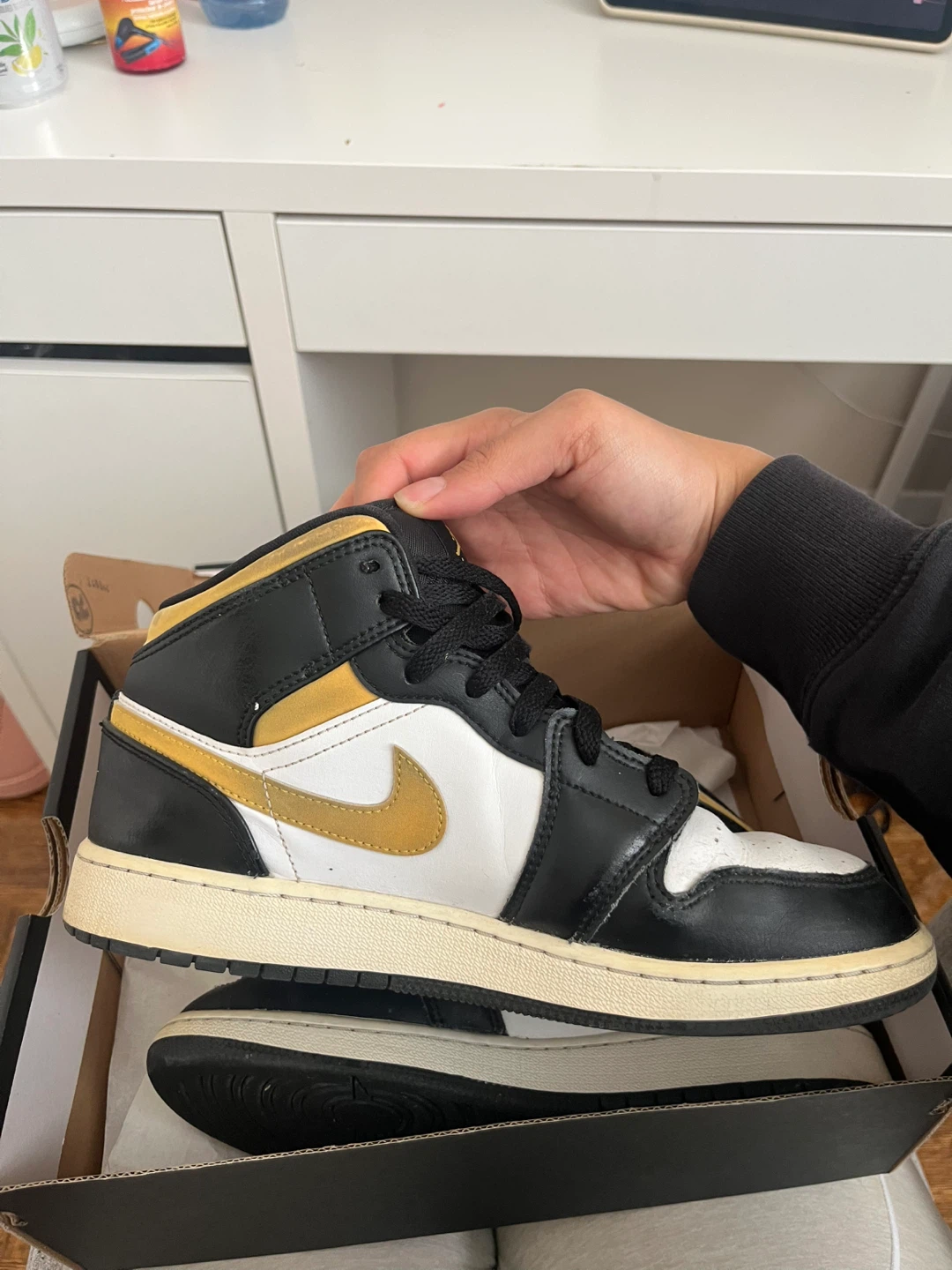 Air Jordan 1 Mid Black White Gold Sneakers - photo 4