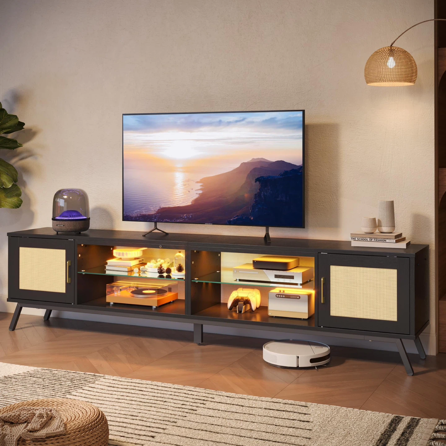 Bestier 80 Inch Rattan TV Stand with Storage