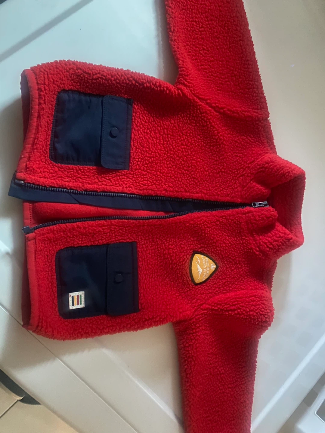 Red Fleece Jacket with Navy Pockets